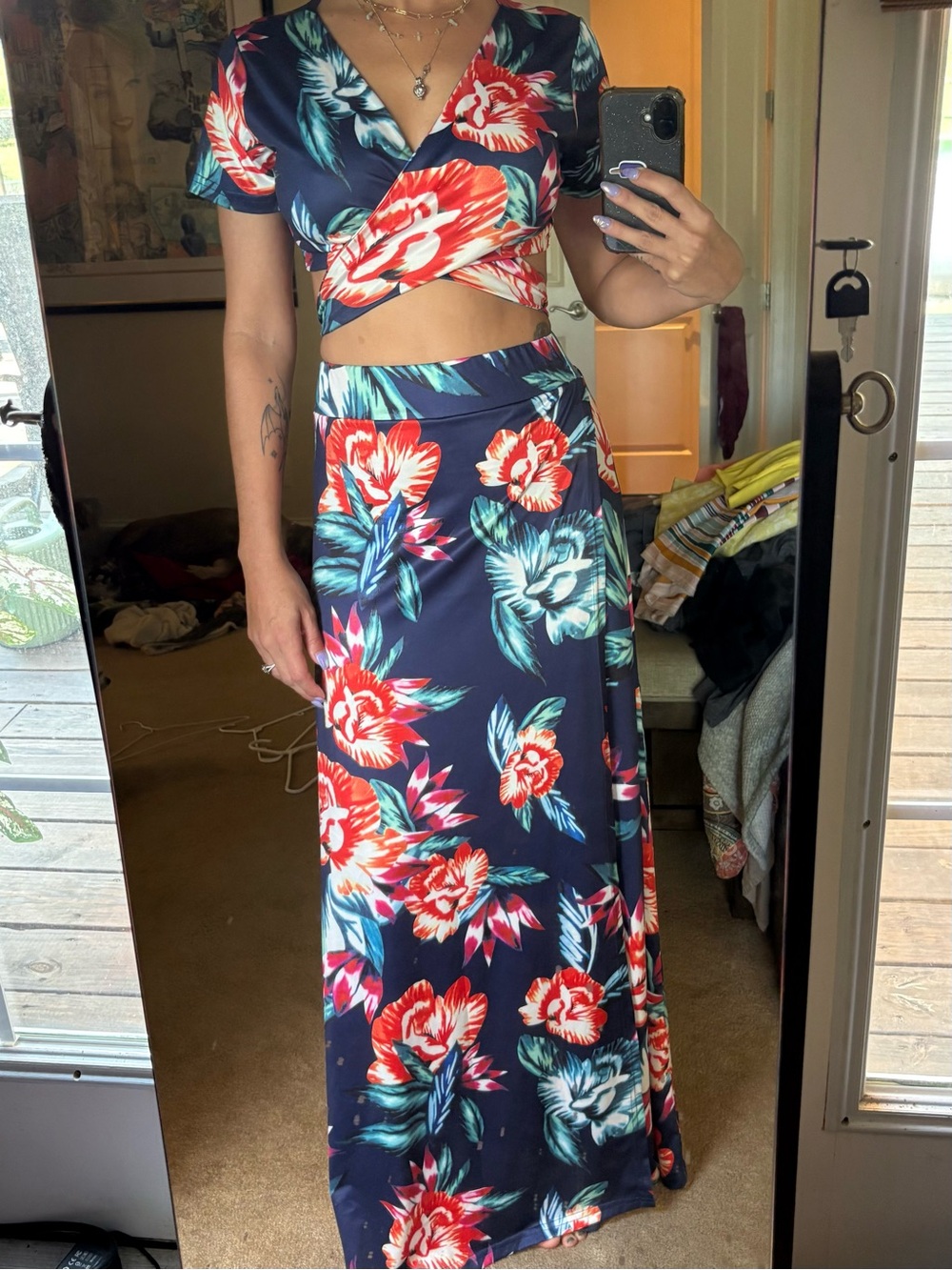 Navy Floral Two Piece Maxi Dress with High Side Slit and Tie Crop Top